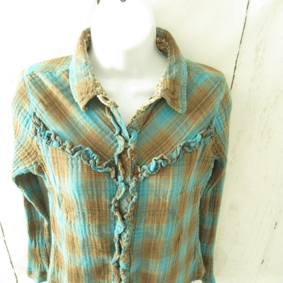 Tasha Polizzi Pearl Snap Top S M Blue Brown Plaid Flannel Long Sleeve Western - Picture 2 of 5